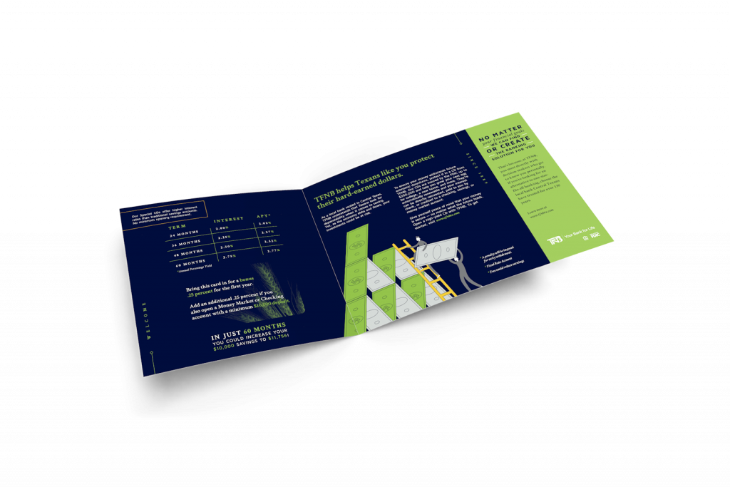 A brochure with a vibrant tfnb branding design.