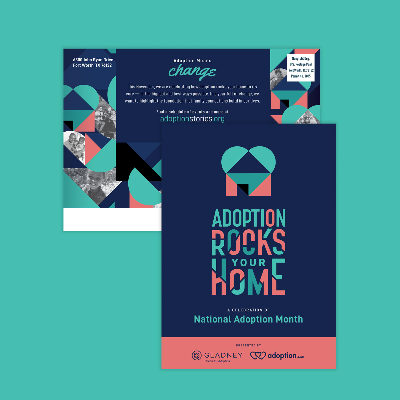 Front and back of a National Adoption Month flyer featuring print design with geometric elements and text: "Adoption Rocks Your Home" and "Adoption Means Change." Includes event details and an organization's logo.