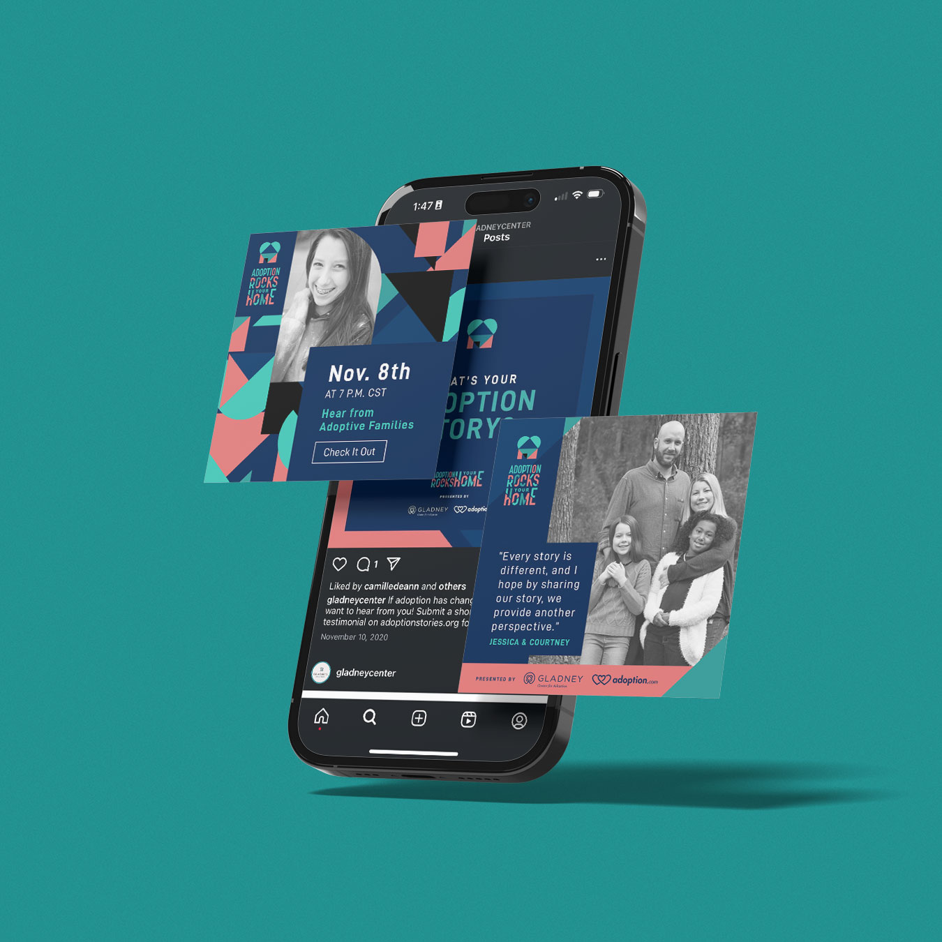A smartphone showcasing three adoption-themed Instagram posts, featuring event details for November 8th alongside a heartwarming family photo, elegantly presented with print design elements.
