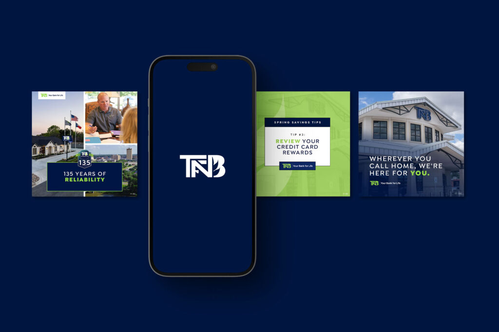A smartphone displaying the TFNB logo is centered between three updated 2025 promotional graphics for TNB Bank on a dark blue background.