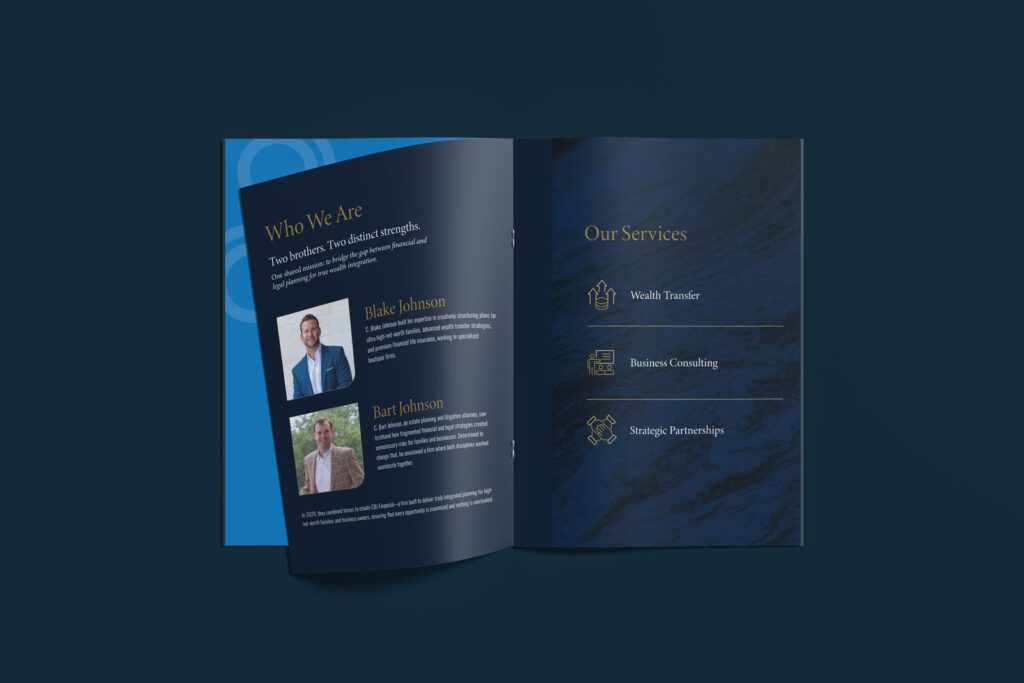 Open brochure showing two profile sections with photos and text on the left page and a list of three CBJ Financial business services with icons on the right, all set against a dark blue background.