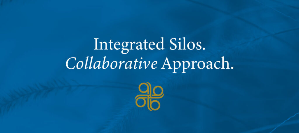 White text on a blue background reads, "Integrated Silos. Collaborative Approach." with a gold abstract logo below the text, highlighting Smart Branding strategies ideal for modern life insurance solutions.