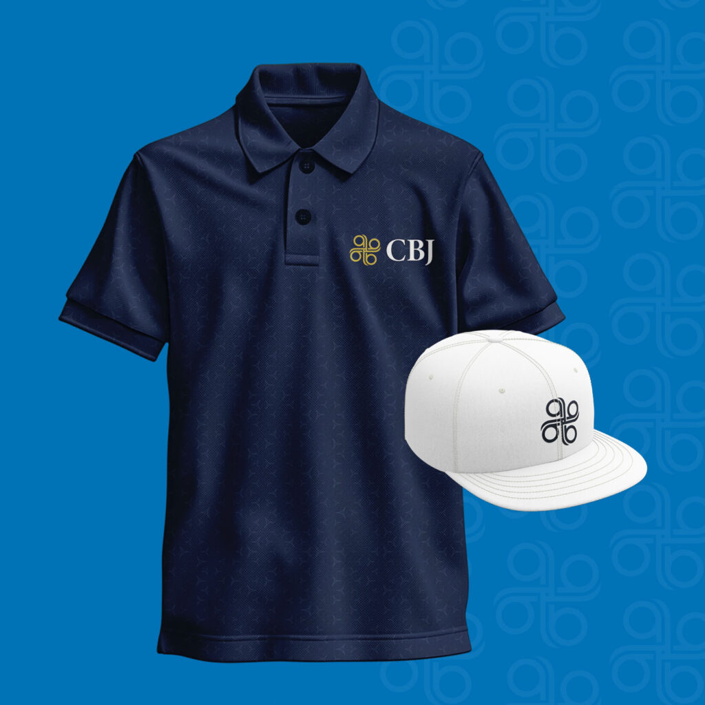 Navy blue polo shirt with "CBJ Financial" and a yellow logo on the chest, paired with a white baseball cap featuring the same black CBJ Financial logo.