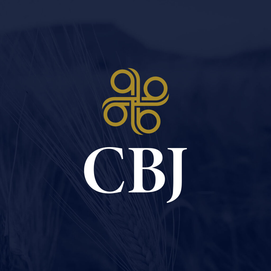 Gold emblem above the white letters "CBJ" on a dark blue background with faint wheat stalks, reflecting smart branding in the insurance space.