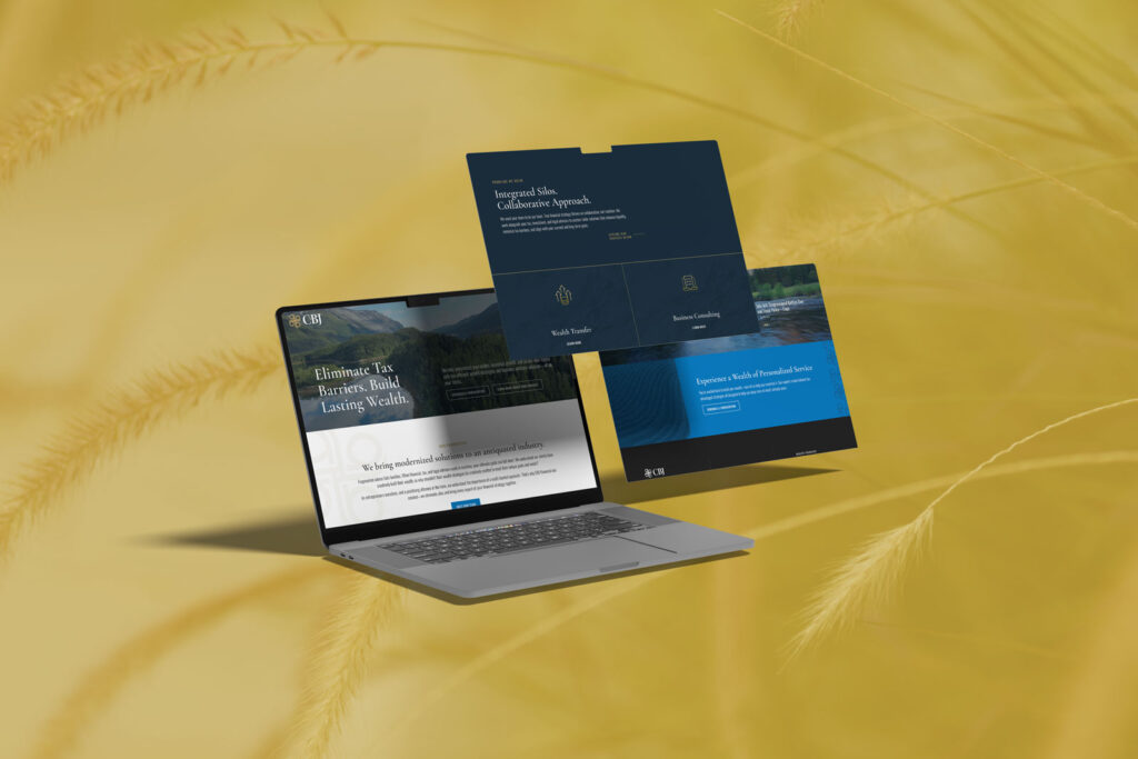 A laptop displaying the CBJ Financial website with floating web page elements, set against a yellow background featuring faint grass or wheat silhouettes.