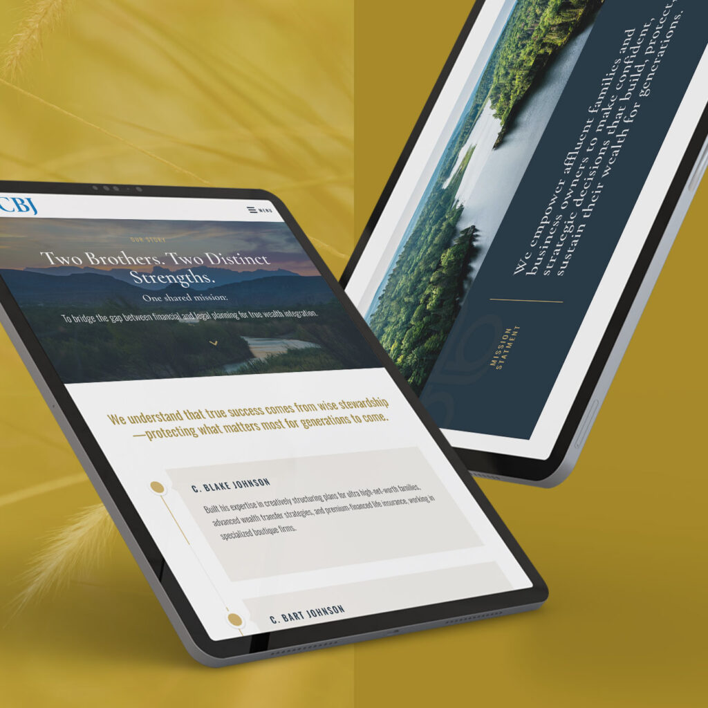 Two tablets display a website with text about two brothers and their strengths, nature imagery, and inspiring quotes on a yellow background—presented with the professionalism of CBJ Financial.