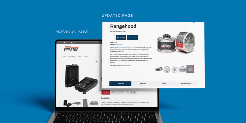 A laptop screen displays a comparison between a previous page and an updated page for the "Rangehood" product, highlighting images, product details, and enhanced kitchen fire safety features like StoveTop FireStop for improved stove fire prevention.