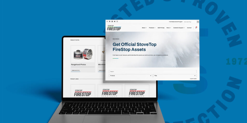 A laptop displays a product page for StoveTop FireStop. An overlay window shows a marketing agency’s site offering official StoveTop FireStop assets against a blue background with faint text.