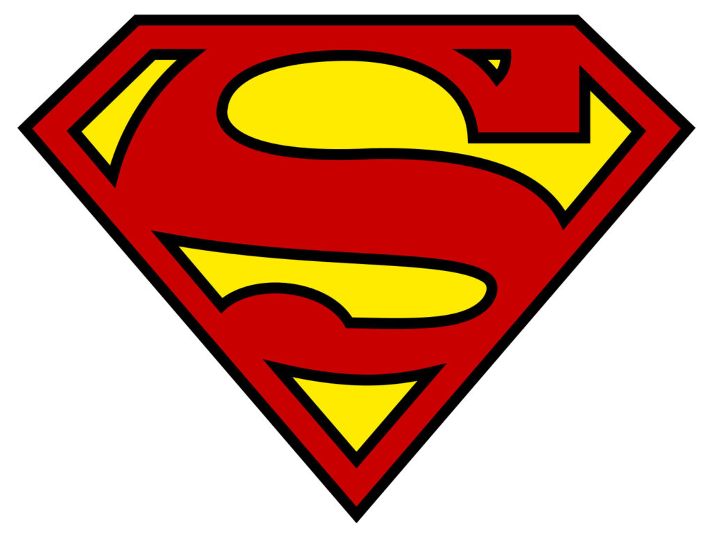 The image shows the iconic Superman Logo: a red and yellow shield with a prominent letter "S" in the center, outlined in black.