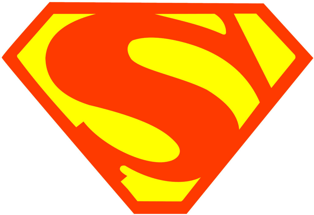 A red and yellow Superman logo featuring a bold "S" inside a diamond-shaped shield, symbolizing the hero who always saves the day.