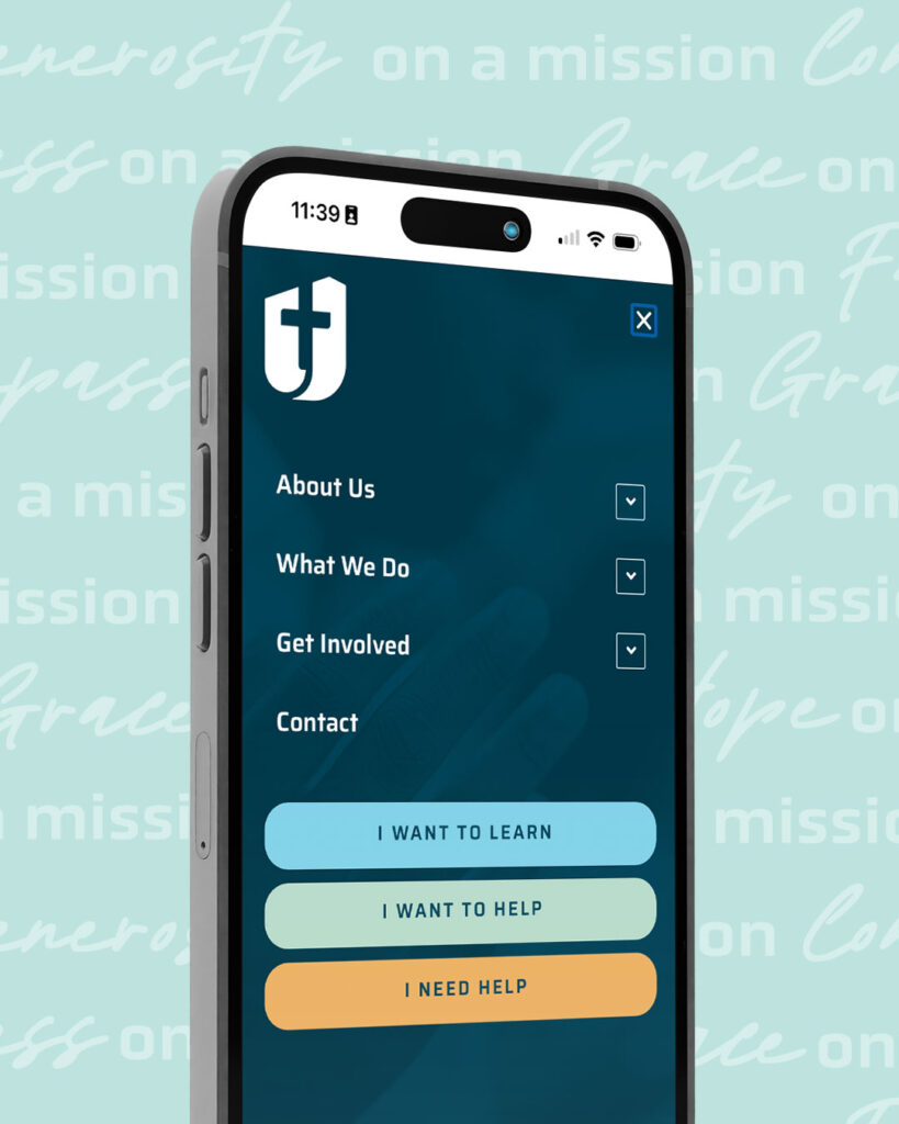 A smartphone screen displays a website menu with options: About Us, What We Do, Get Involved, Contact, and three buttons labeled I Want to Learn, I Want to Help, and I Need Help.