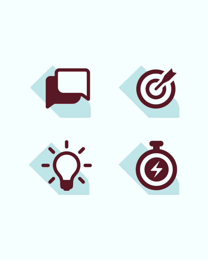 Four maroon icons on a light background represent Aaron Overhead Doors: a chat bubble, a target with an arrow, a light bulb with rays, and a stopwatch with a lightning bolt.