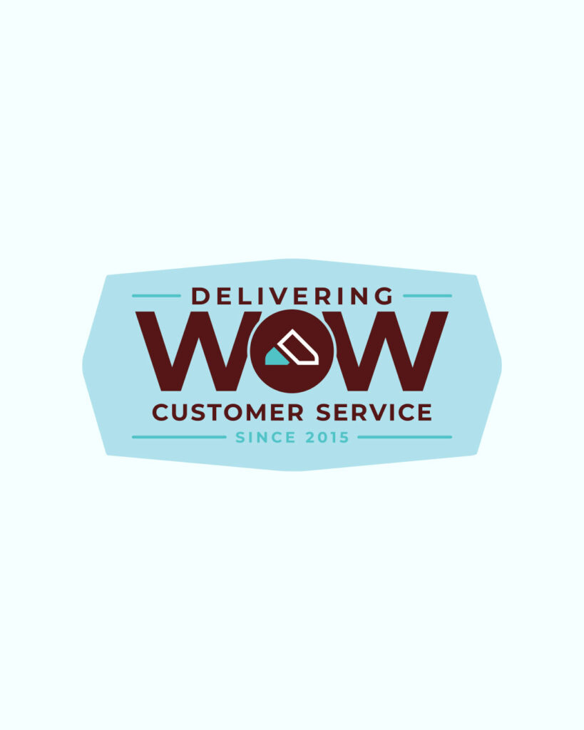 A blue badge with the text "Delivering WOW Customer Service Since 2015" and a stylized bell icon inside the word "WOW," representing Aaron Overhead Doors' commitment to excellence.