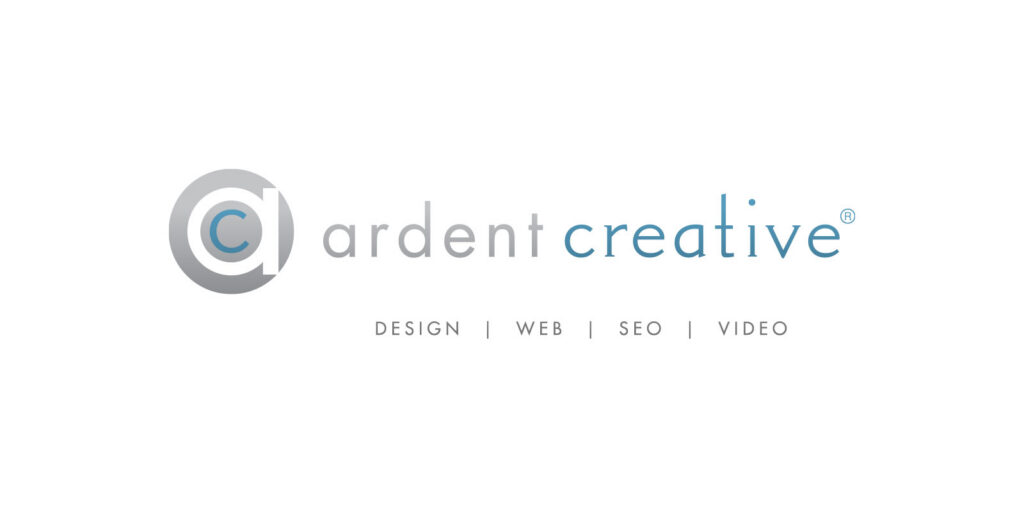 Ardent logo design features gray and blue text with a circular icon on the left, reflecting brand evolution. Services listed below: design, web, SEO, and video.