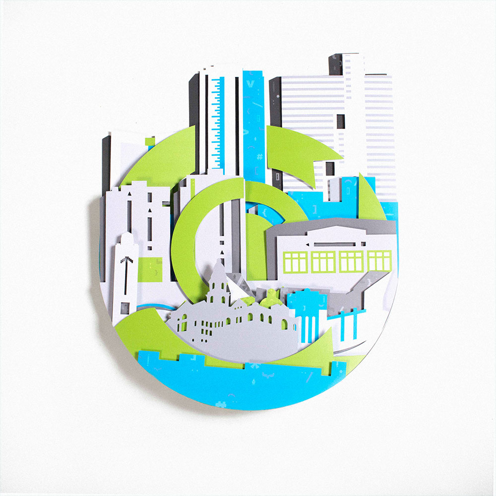 A layered, abstract cityscape in shades of blue, green, and gray features Ardent design elements—various buildings, circular shapes, and geometric forms—creating a striking logo-like composition against a white background.