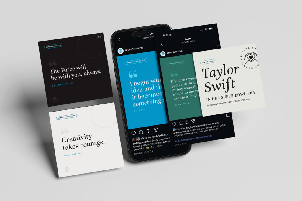A smartphone displays a social media feed with quote graphics, surrounded by four printed cards featuring motivational quotes and a Taylor Swift headline.