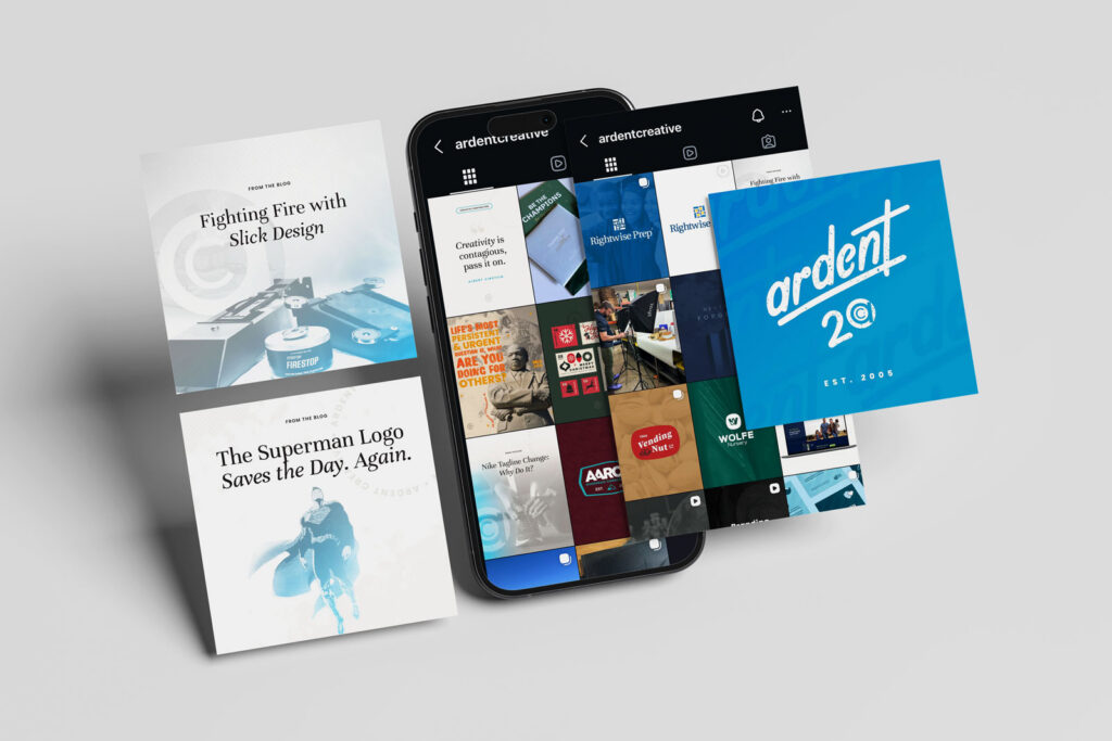 A smartphone displays a creative agency's Instagram grid, flanked by two magazine-style design covers and a blue "ardent 20" logo card on a light background.