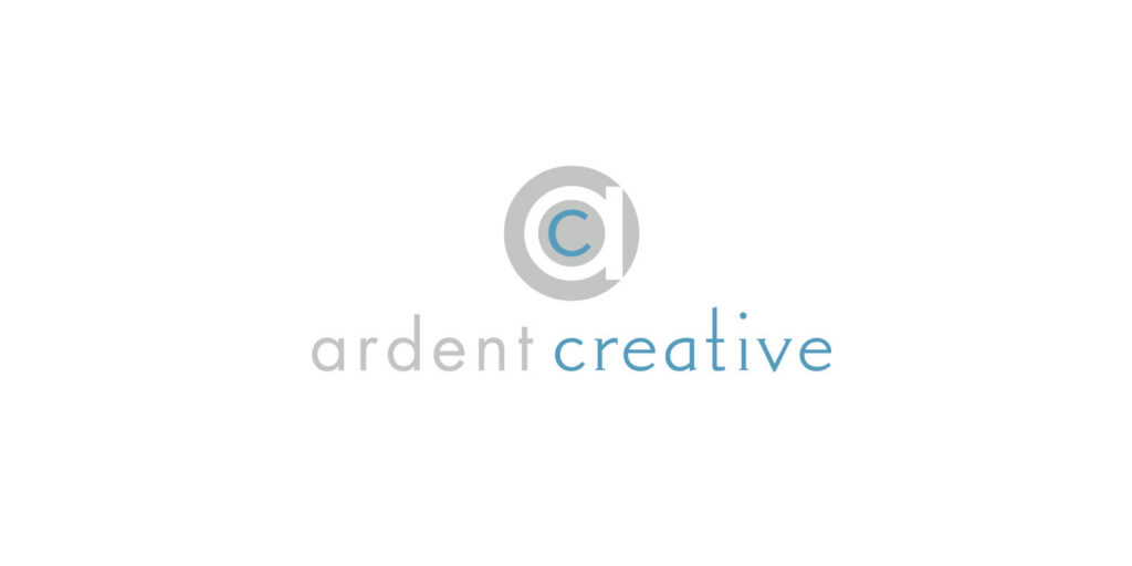 Logo for "ardent creative," a Fort Worth Branding Agency, featuring a stylized "a" and "c" inside a gray circle above the text—“ardent” in gray, “creative” in blue. Ideal for those seeking expert logo designers near me.